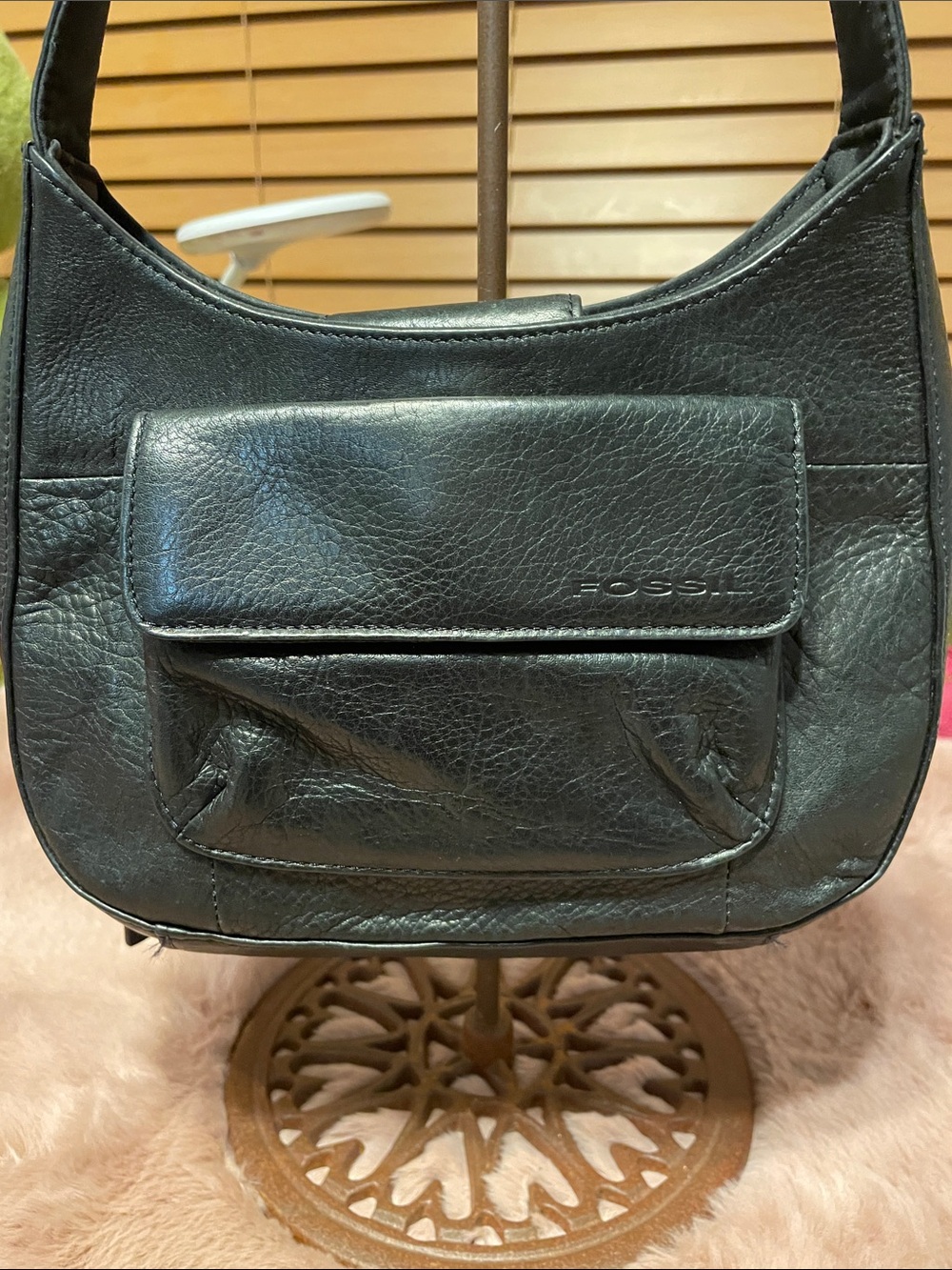 Fossil Black Pebbled Leather Shoulder Bag with Front Pocket